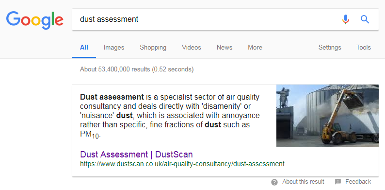 Dustscan - Screen capture of Google Rich Snippet