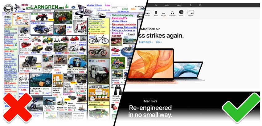 Examples of two websites. One is a good design and the other not
