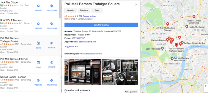 Google MyBusiness Listing - showing Barbers in London