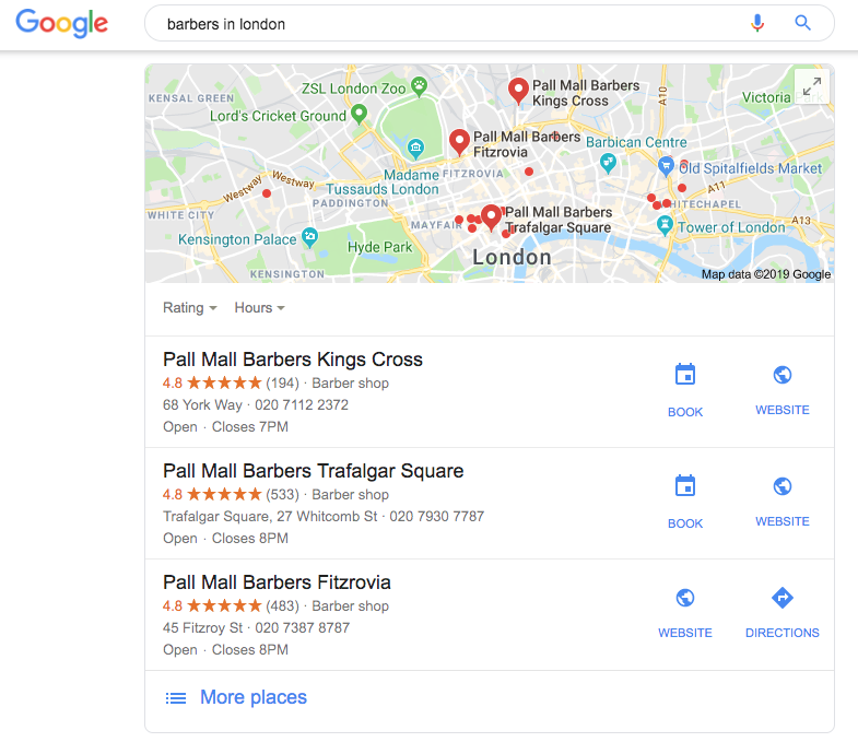 Googke MyBusiness Listing - showing Barbers in London